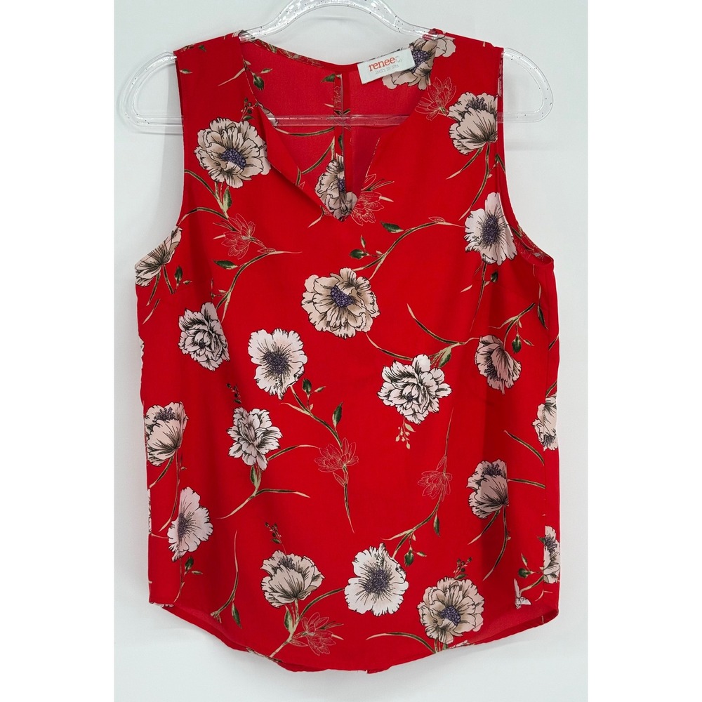 Renee C Red Floral Sleeveless V-Neck Blouse Top Made in USA Sz M